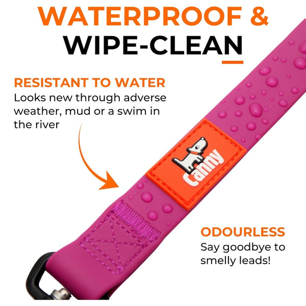 Close-up of pink waterproof, non smelly lead with droplets; odourless and wipe-clean, ideal for wet, muddy conditions.