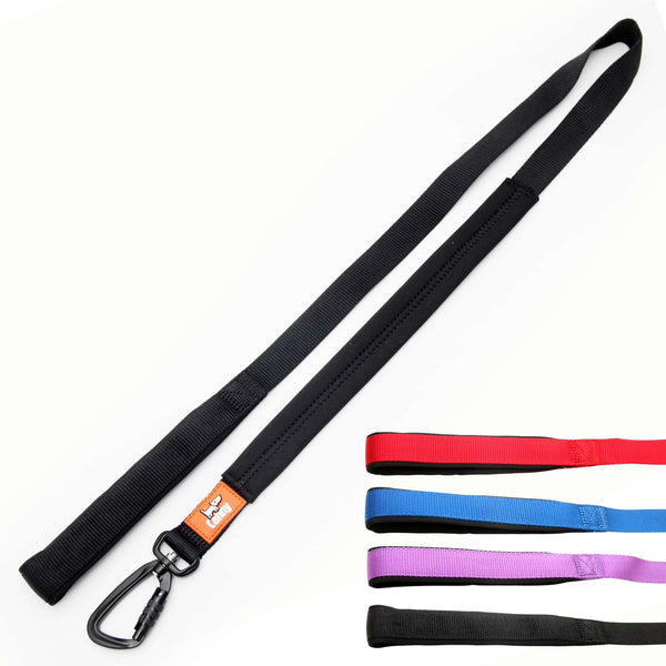 Black dog lead for medium to large dogs, 25mm wide and 120cm long. Neoprene handle & grip with locking carabiner clip. Close up of lead handles in red, blue, purple and black.