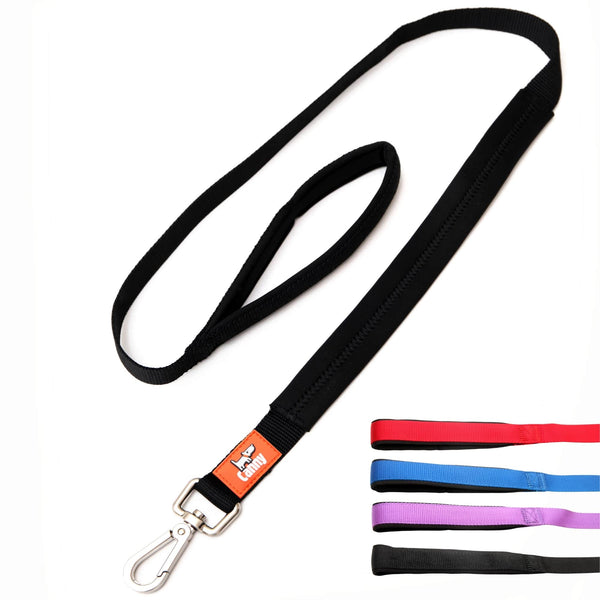 Black dog lead for medium to large dogs, 25mm wide and 120cm long. Neoprene handle & grip with brushed steel clip. Close up of lead handles in red, blue, purple and black.