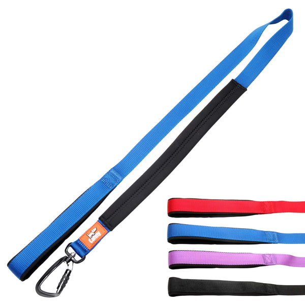 Blue dog lead for medium to large dogs, 25mm wide and 120cm long. Neoprene handle & grip with locking carabiner clip. Close up of lead handles in red, blue, purple and black.