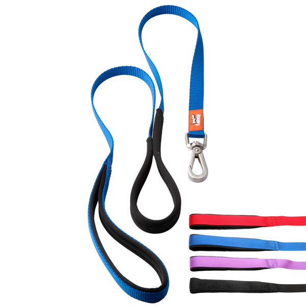 Blue dog lead for small dogs and puppies, 15mm wide and 120cm long. Neoprene handle & grip with brushed steel clip. Close up of lead handles in red, blue, purple and black.