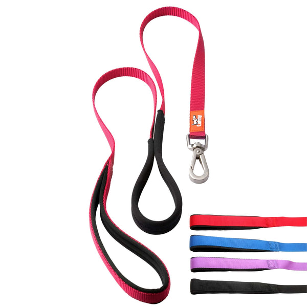 Red dog lead for small dogs and puppies, 15mm wide and 120cm long. Neoprene handle & grip with brushed steel clip. Close up of lead handles in red, blue, purple and black.