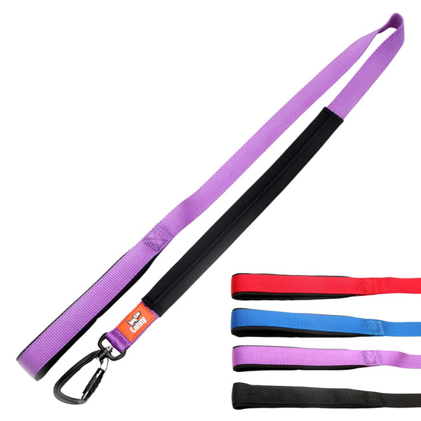 Purple dog lead for medium to large dogs, 25mm wide and 120cm long. Neoprene handle & grip with locking carabiner clip. Close up of lead handles in red, blue, purple and black.