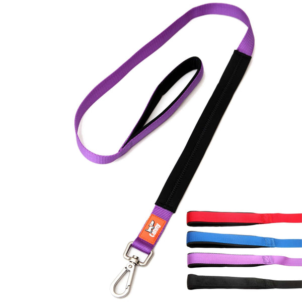 Purple dog lead for medium to large dogs, 25mm wide and 120cm long. Neoprene handle & grip with brushed steel clip. Close up of lead handles in red, blue, purple and black.