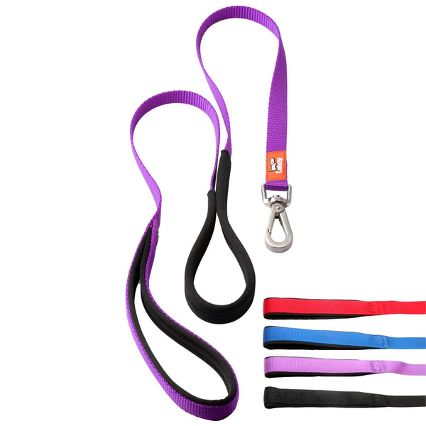 Purple dog lead for small dogs and puppies, 15mm wide and 120cm long. Neoprene handle & grip with brushed steel clip. Close up of lead handles in red, blue, purple and black.