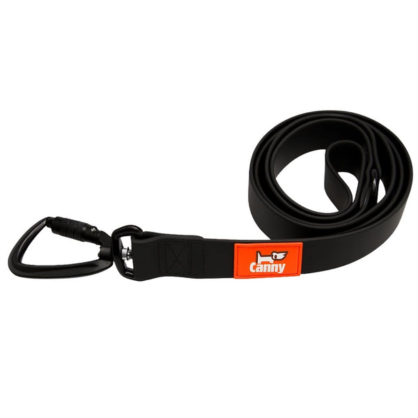 Black Canny waterproof and odourless lead coiled neatly, with orange logo tag and black locking carabiner clip.