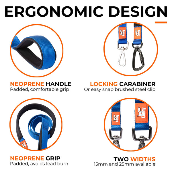 Key features of the Canny Lead. Neoprene handle with lockable buckle. High quality nickel plated or carabiner clip. Neoprene grip for comfortable handling. Two widths available - 15mm & 25mm.