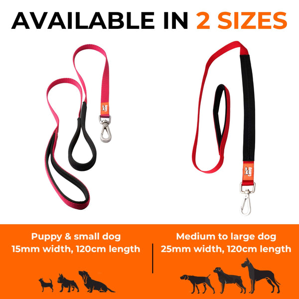 Two red dog leads in different sizes. 15mm wide, 120cm long lead for small dogs & puppies, 25mm wide, 120cm long lead for medium to large dogs.