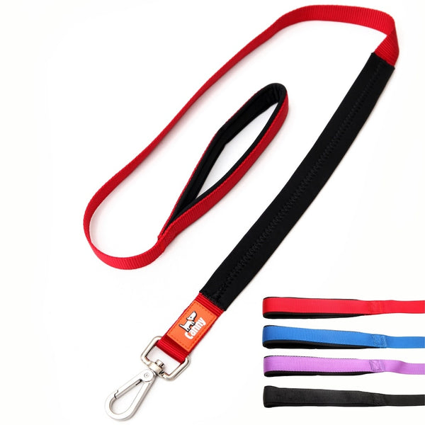Red 25mm wide Canny Lead for medium to large dogs, with padded grip and secure steel clip, shown with all colour options: red, blue, purple, black.