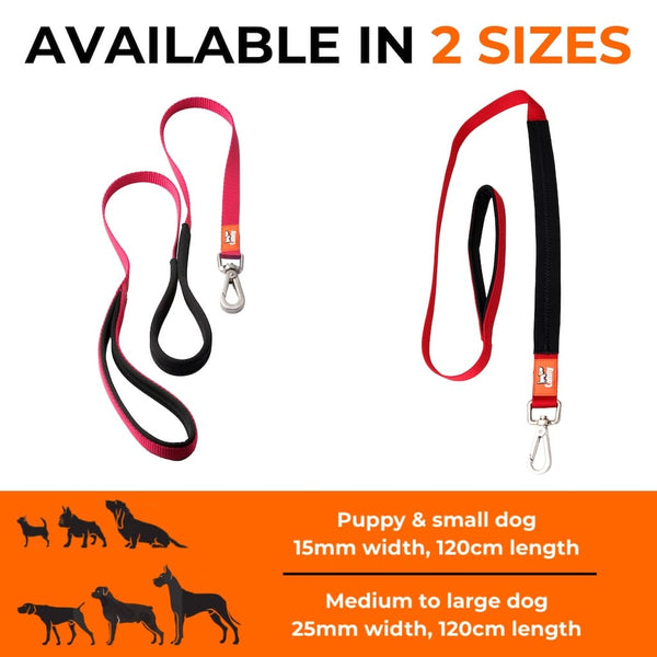 Two red Canny Leads shown in 15mm and 25mm widths for small and large dogs, 120cm length, soft padded handles.