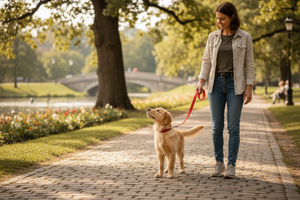 A puppy walking on a lead by his owner's side alongside a riverbank.
