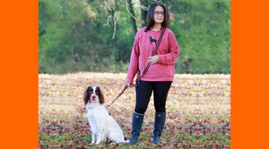 Woman standing in wooded area with spaniel on dog training lead