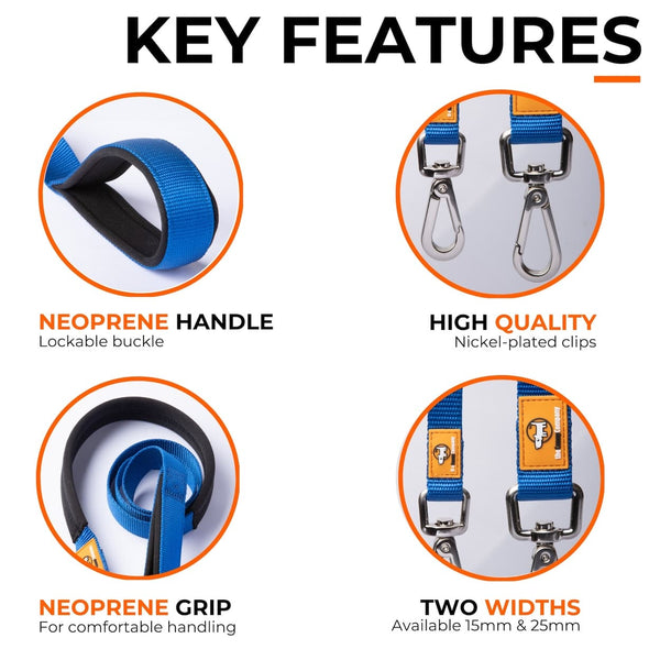 Key features of the Canny Lead. Neoprene handle. High quality nickel plated clips. Neoprene grip for comfortable handling. Two widths available - 15mm & 25mm.