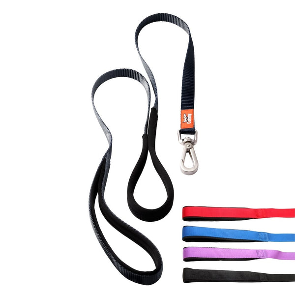 Black 15mm wide Canny anti pull lead for small dogs & puppies, padded neoprene handle and grip, steel clip, and swatches with four colours.