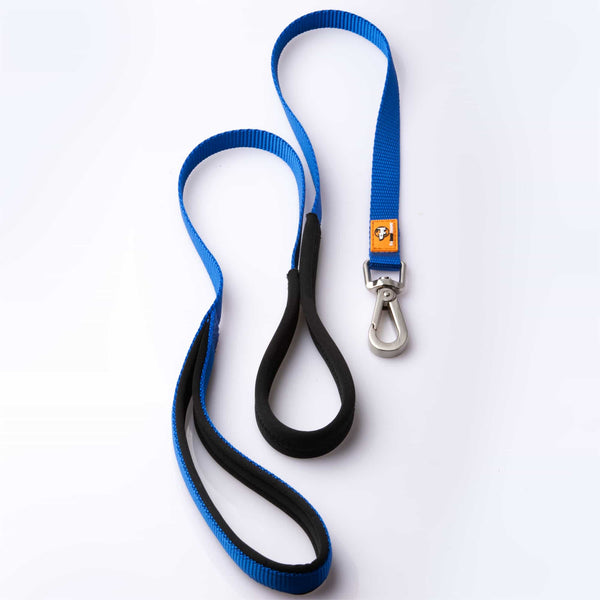 Canny Lead in blue for small dogs and puppies with brushed steel clip. Neoprene handle & grip.