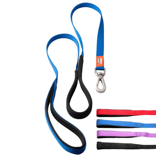 Blue 15mm wide Canny anti pull lead for small dogs & puppies, soft padded grip and handle, steel clip, and swatch bar with four available colours.