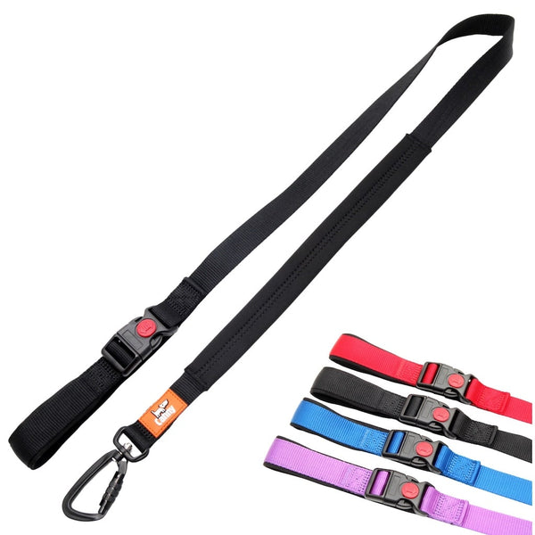 Black 120cm Canny Connect anti escape lead for medium-large dogs with padded handle and locking carabiner, shown with 4 colour options.