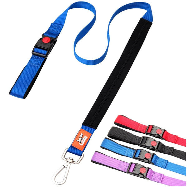 Blue 25mm wide Canny Connect anti escape lead for medium to large dogs, soft padded grip and handle, steel clip and swatch bar displaying four available colours.