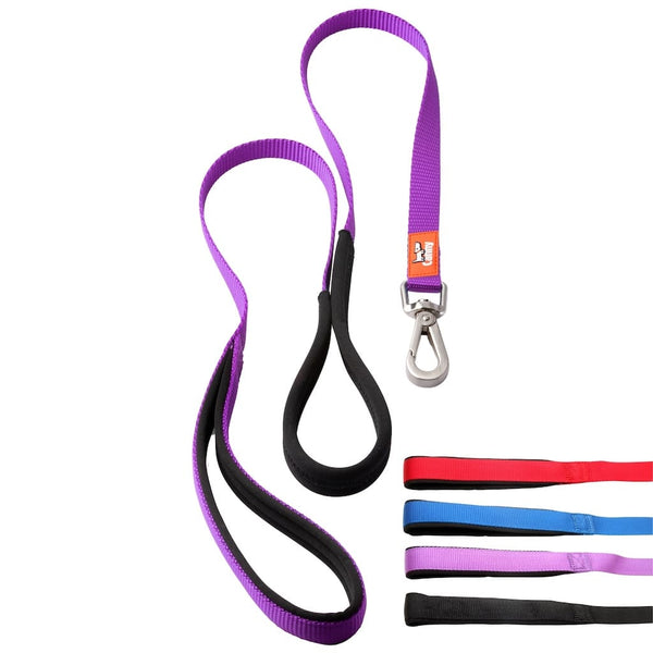 Purple 15mm wide Canny anti pull lead for small dogs & puppies, padded black grip and secure steel clip, shown with colour options: red, blue, purple, black.