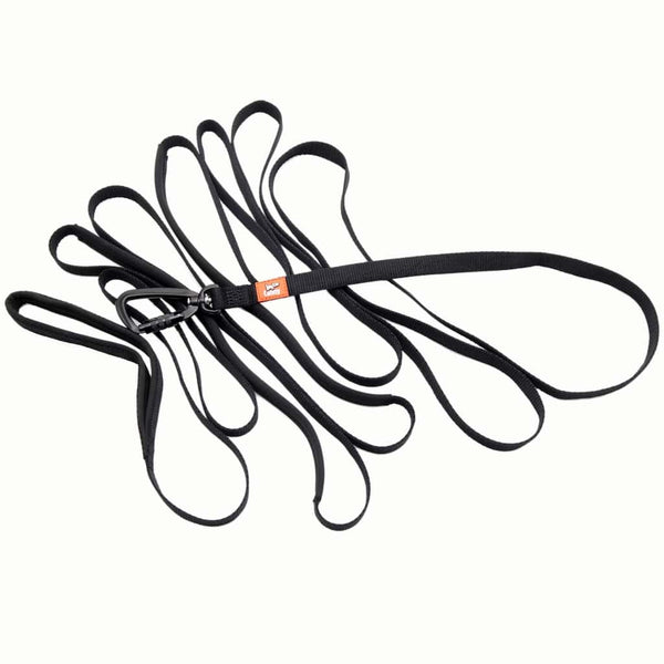 Black 5m long dog training recall lead for small dogs & puppies with locking carabiner, padded handle and grab points.