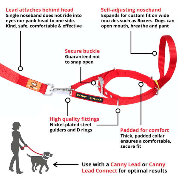 Benefits of the Canny Collar. Head collar features self-adjusting noseband, padded collar, high quality fittings and a secure buckle. Lead fastens behind the head